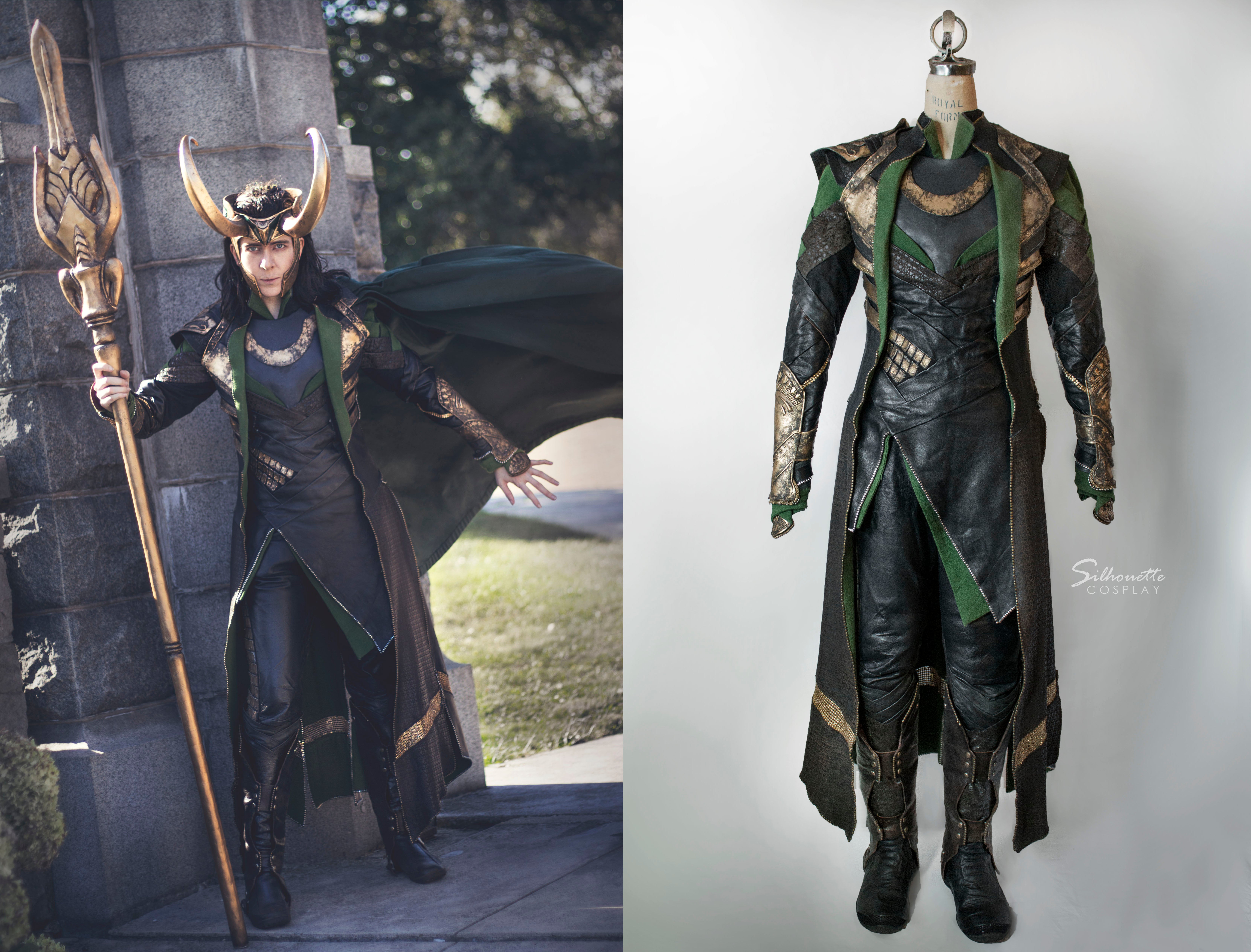 Silhouette in her Dark World: Loki Cosplay (photographed by Mirabella Took Creations) next the studio shot of the cosplay.