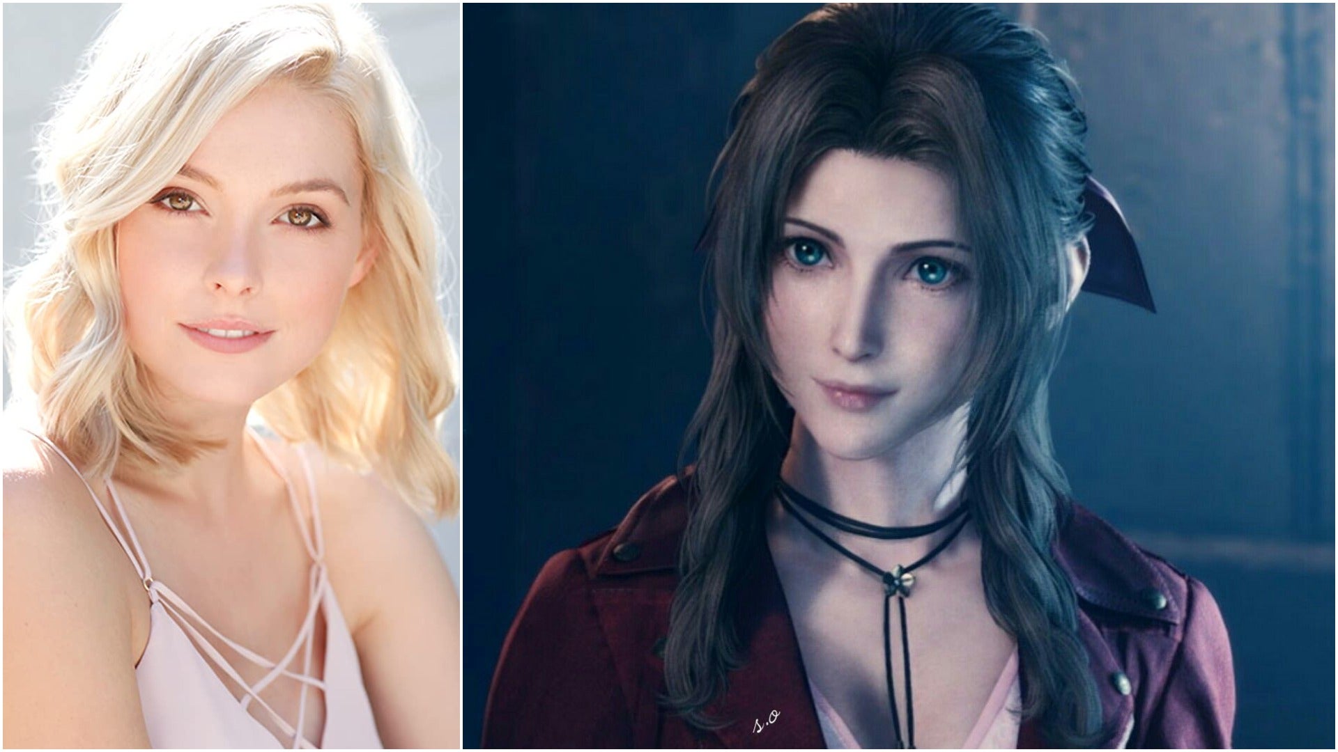 Actress Briana White and Aerith (the character she voices) from Final Fantasy VII: Remake