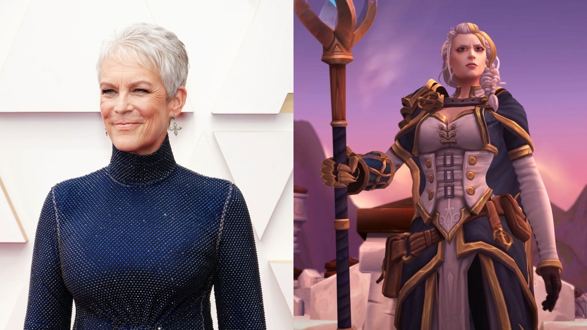 Jamie Lee Curtis at the Oscars 2022 (left) and Jaina Proudmore from World of Warcraft (right)