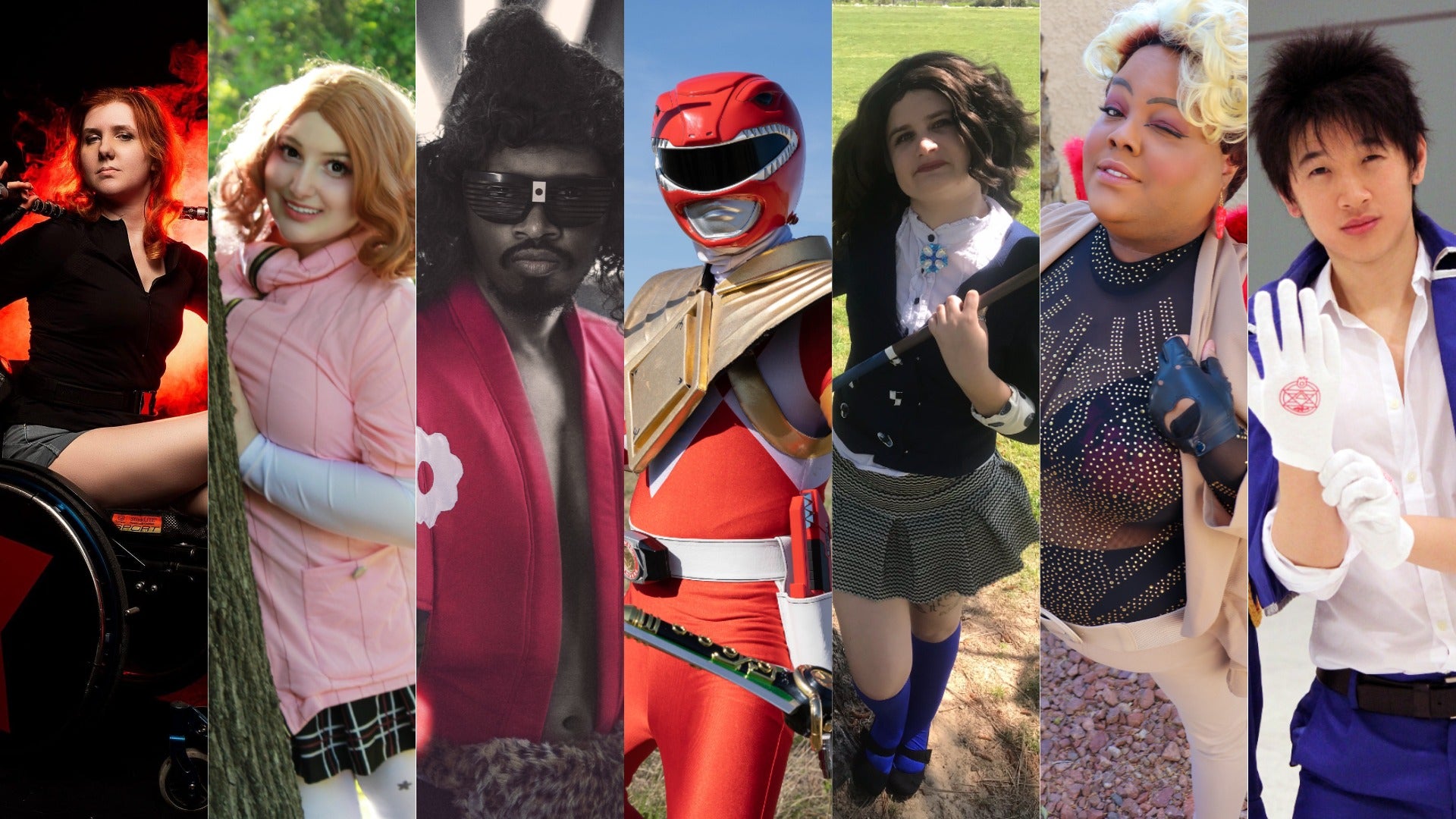 Cosplayers (from left to right): Alessia Mainardi, Ash, Bruthcosplay, Latin Nerd Cosplayer, Leah Ilana Craig, Midnight Pursona, and Roger Senpai.