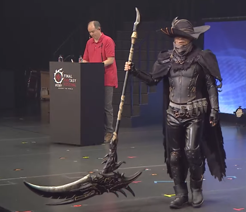 Naoki Yoshida cosplaying as the Reaper at the Final Fantasy XIV Digital FanFest
