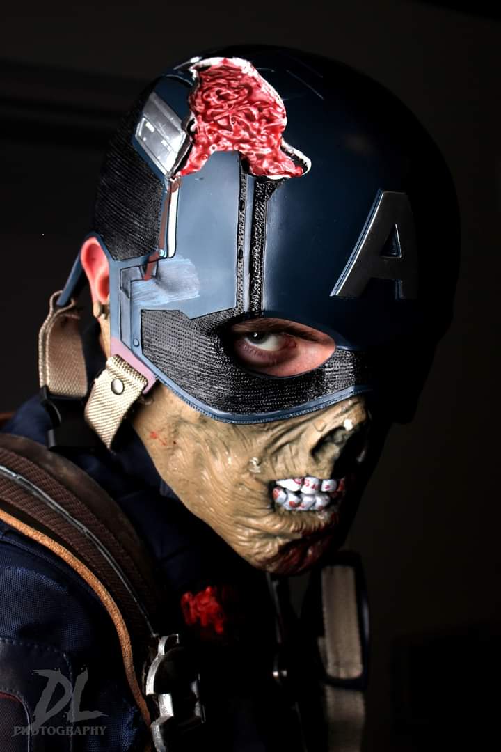 Cap.Mathis_cosplay as Zombie Cap. Photographed by rozo.photo. (Left image courtesy Marvel Studios)