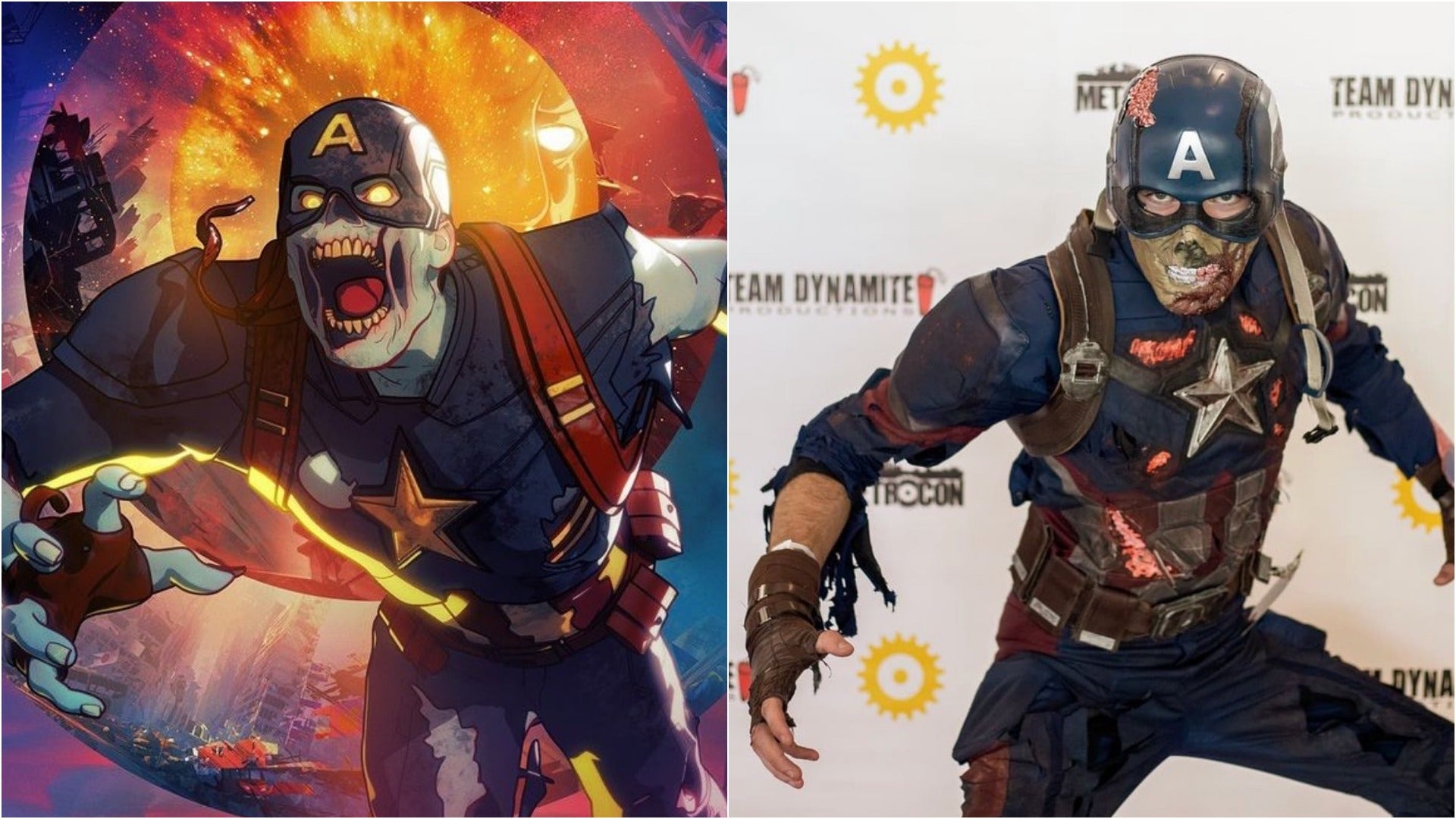Cap.Mathis_cosplay as Zombie Cap. Photographed by rozo.photo. (Left image courtesy Marvel Studios)