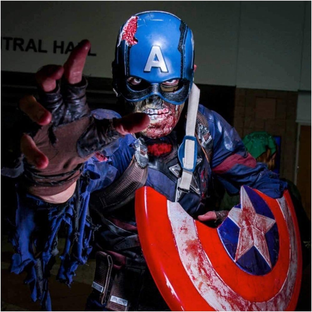 Cap.Mathis_cosplay as Zombie Cap. Photographed by rozo.photo. (Left image courtesy Marvel Studios)